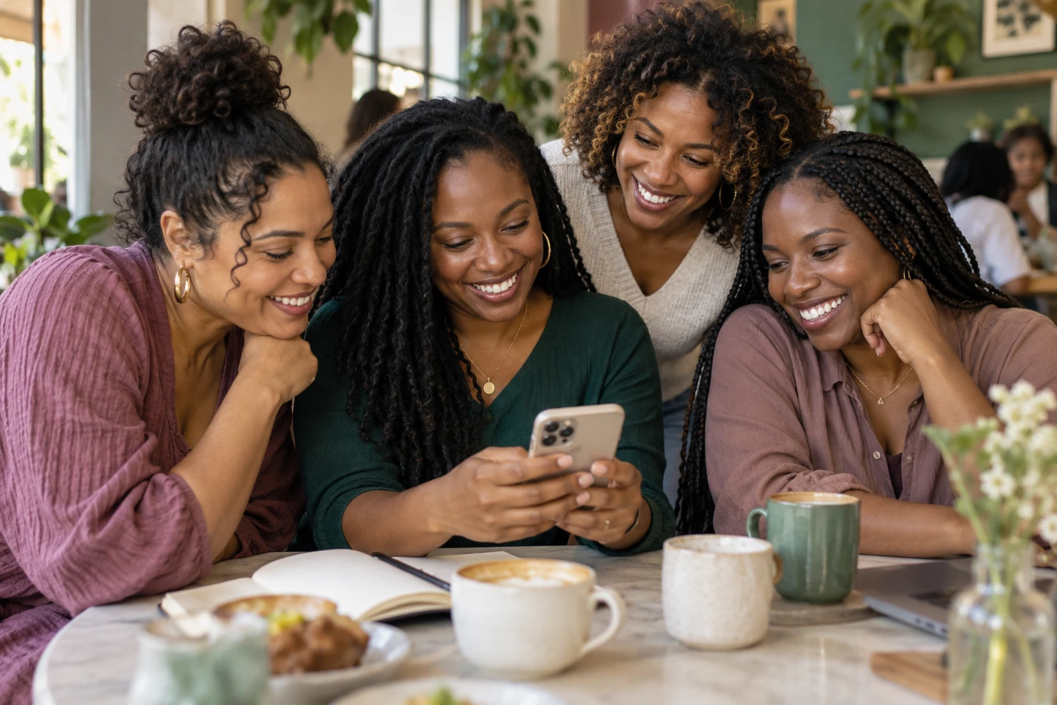 Black and brown women leaning in together to share a group-chat message on a phone