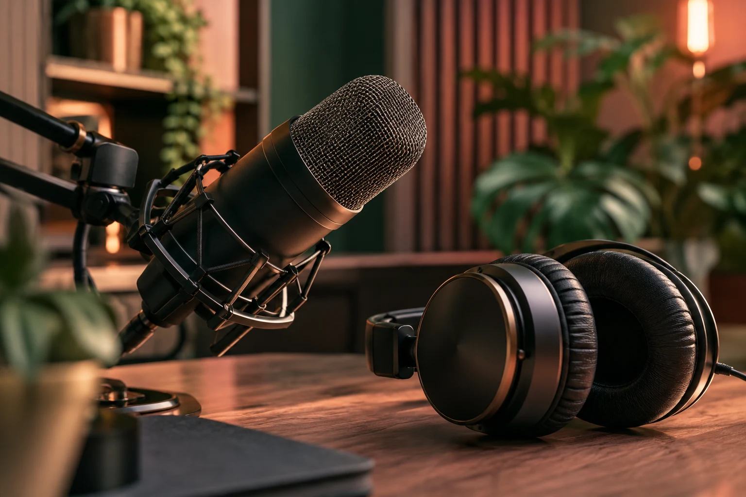 Professional podcast microphone and headphones